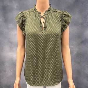 Elegant Olive Polka Dot Blouse with Ruffle Sleeves